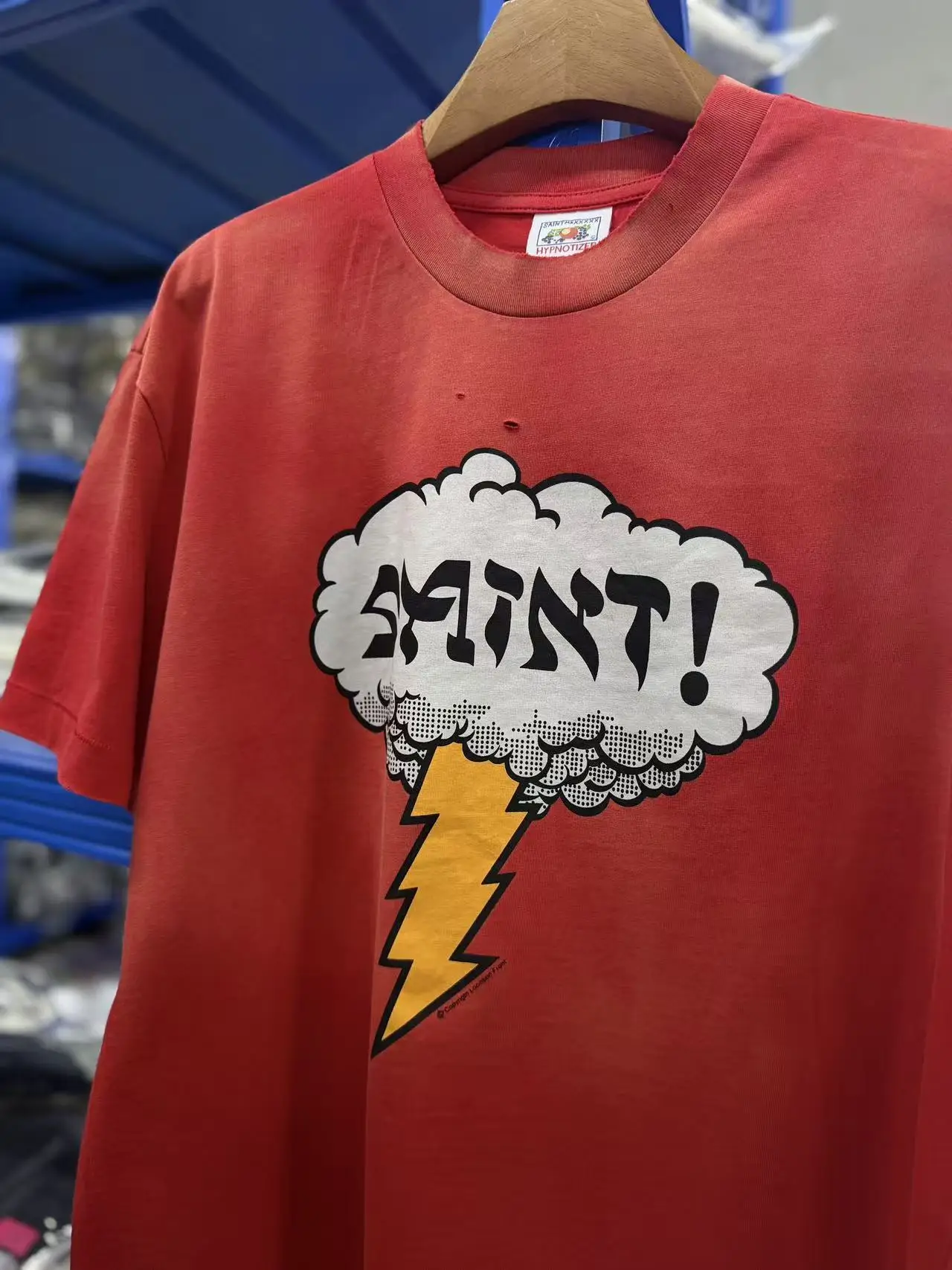 Hole Washed SAINT Retro Lightning Cloud Letter Print on Front T Shirt Men Women Tee Tops T-Shirt