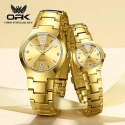 OPK 8105 Couple Watches Golden Stainless Steel Waterproof Luminous Date Lover's Wristwatches