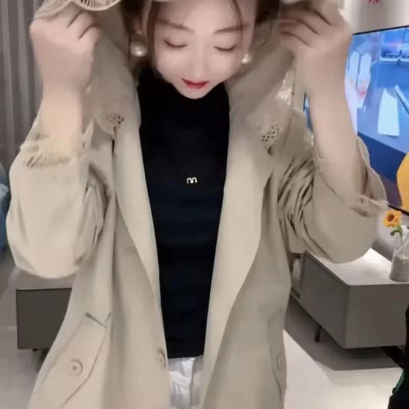 

Весенне-осеннее темпераментное кружевное пальто с капюшоном и строчкой, тонкая ветровка, женское повседневное универсальное элегантное женское пальто с длинными рукавами