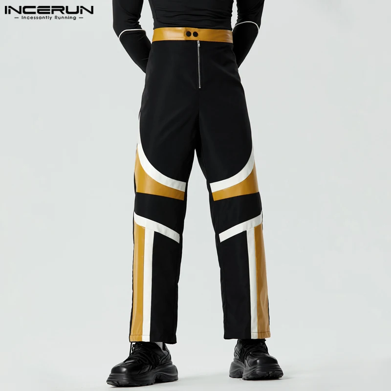 

INCERUN 2023 American Style Fashion Men Splicing Deconstruction Color Contrast Trousers Street Zipper PU Leather Pantalons S-5XL