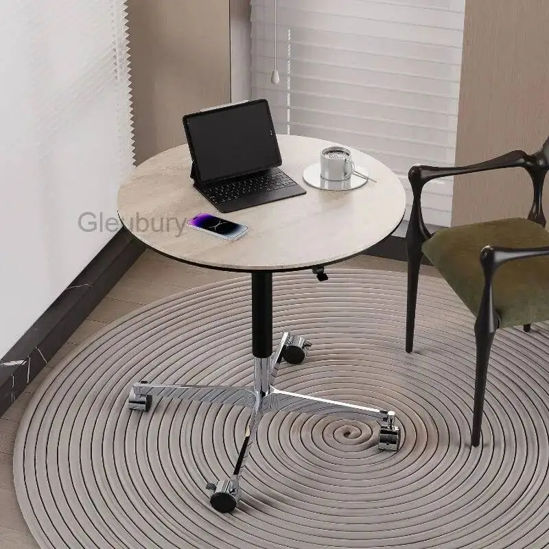 Rolling Side Top Modern Table Marble Round End Table with Wheels Adjustable Height Living Room Accent Table