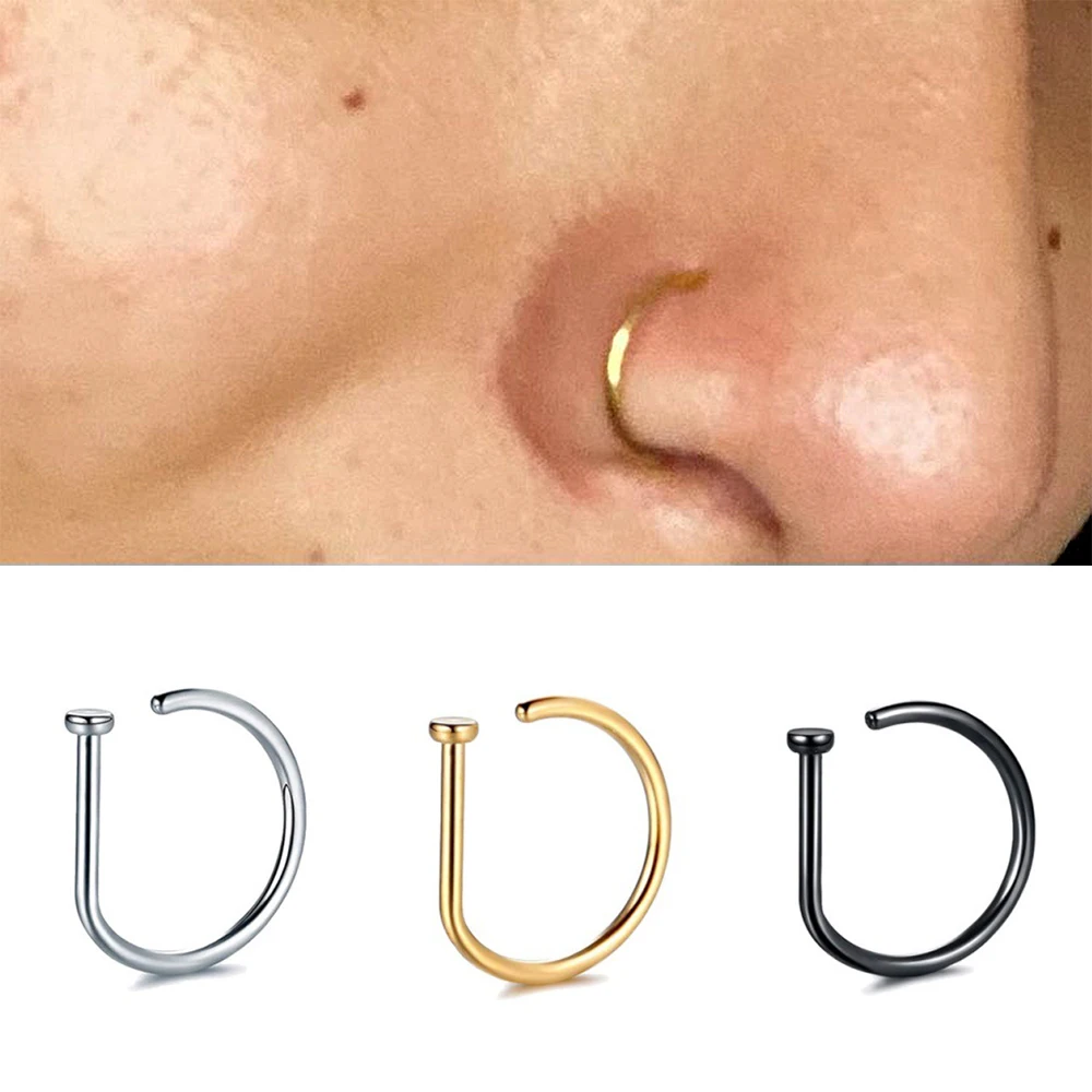 2Pcs Stainless Steel 316L Woman Man Fake Nose Rings D Shape Nose Hoops Without Hole Non Piercing Stud Nostril Body Jewelry