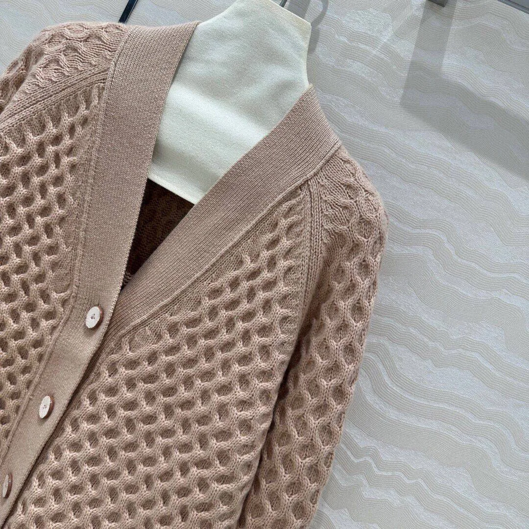 2024 New Autumn Fashion Khaki Honeycomb Twists Crocheted Cashmere Loose Knit Cardigan Coat Women V-neck Long Sleeve Long Sweater