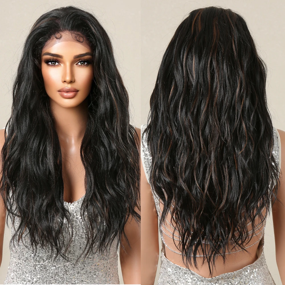 Long Body Wave Lace Front Synthetic Wigs Pre Plucked Black Highlight Brown Wig for Afro Women Transparent Lace Heat Resistant