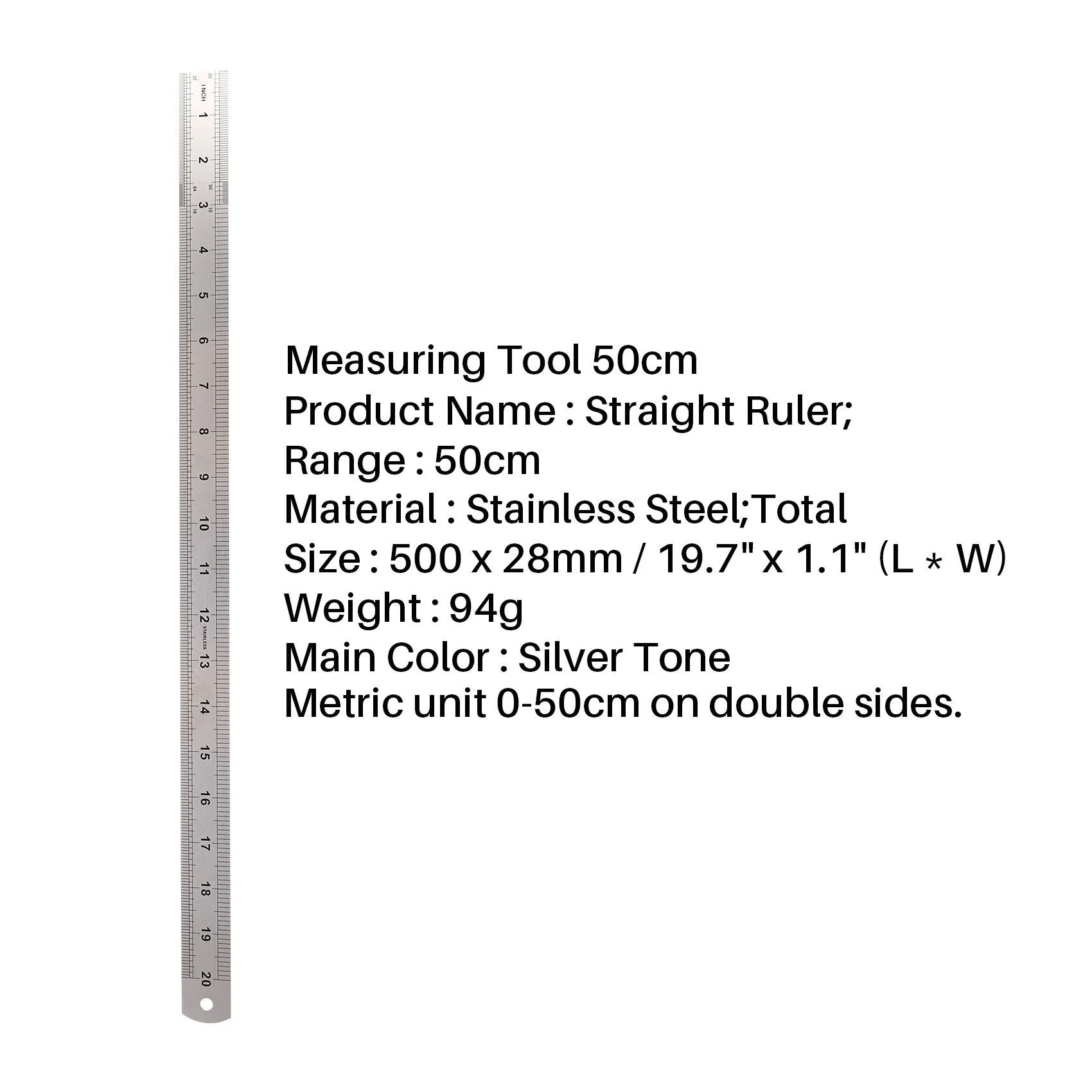 ABNP Double Side Scale Stainless Steel Straight Ruler Measuring Tool 50cm
