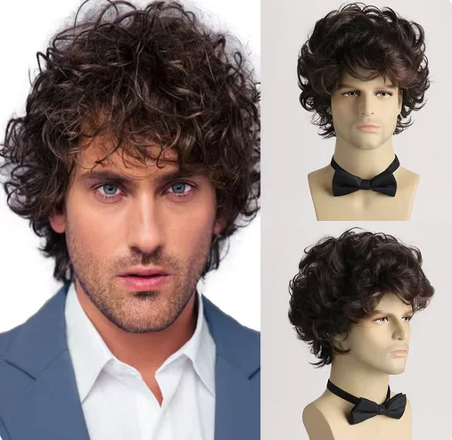 Short Brown Natural Curly Wave Hair For Male Young Men Heat Resistant Fiber Synthetic Wigs