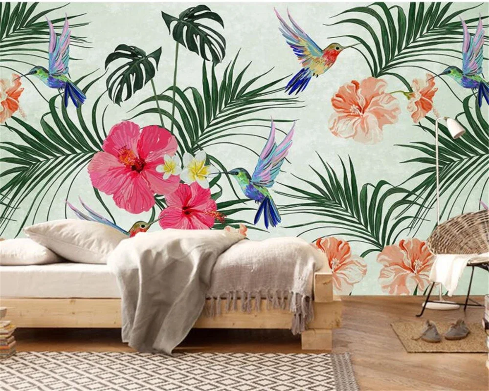 Custom Hand Painted Watercolor Wallpapers Tropical Leaves & Birds Design 3D Wall Sticker for TV Sofa Background Leaf wallpaper