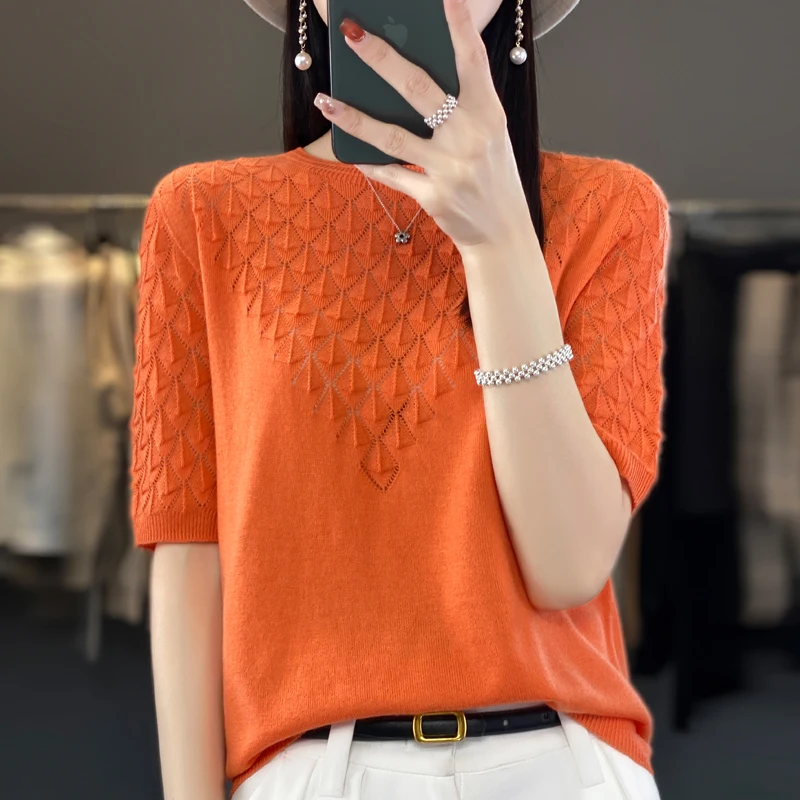 2024 Spring and Summer Women cashmere sweater short sleeve Women knitted Hollow short sleeve solid color casual short sleeve