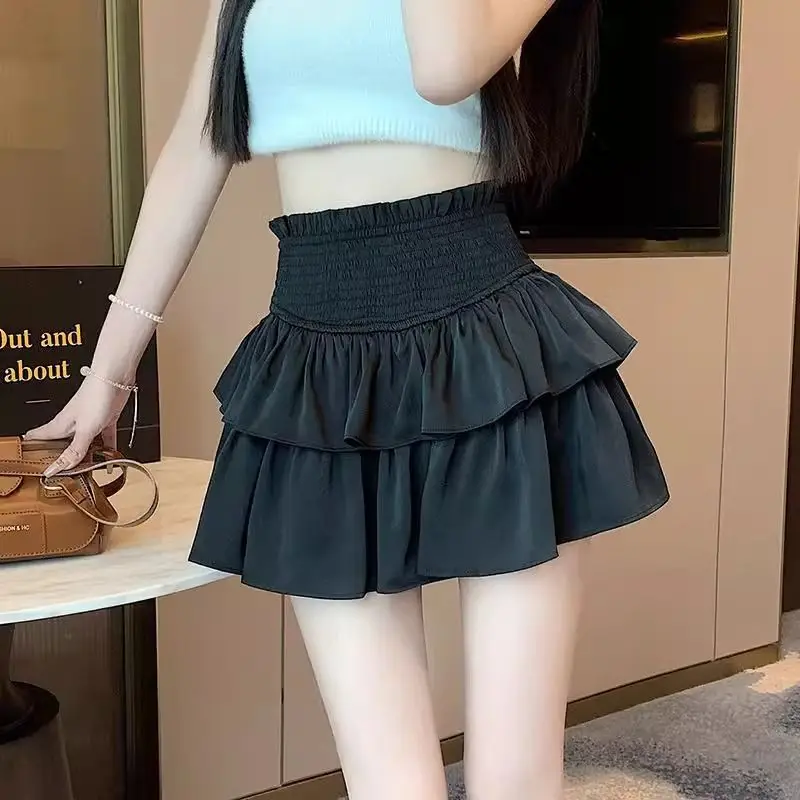Women's Elastic High Waist Tiered Ruffle Mini Skirt Solid Black Double Layer Cake Shorts Sweet Y2K Summer Streetwear Short Skirt