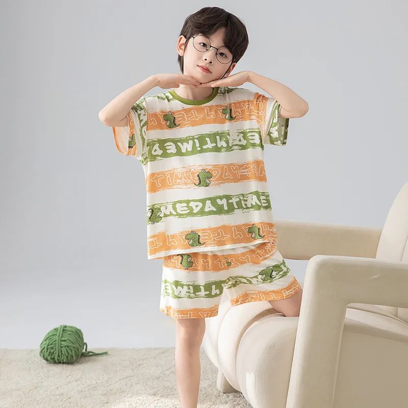

Full Printed Dinosaurs Pajamas Set for Kids Cartoon Kawaii Sleepwear Baby Short-sleeve Big Boys Home Thin Clothes Set Summer