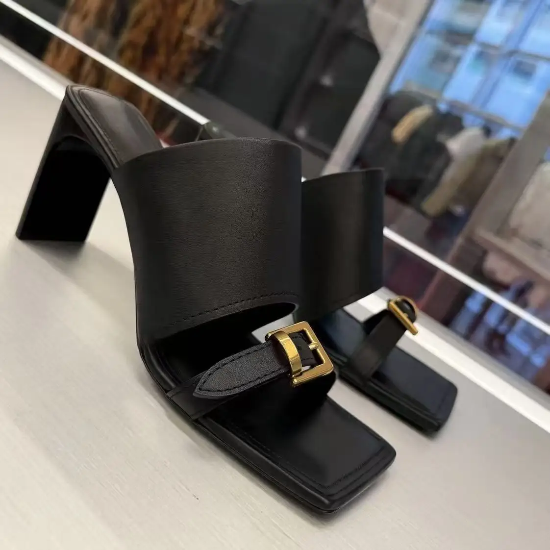 

Metal Buckle Belt Women’s Slippers Square Open-Toe Slingback Patent Leather Sandals Female Plank Shape Heel High Heels Summer