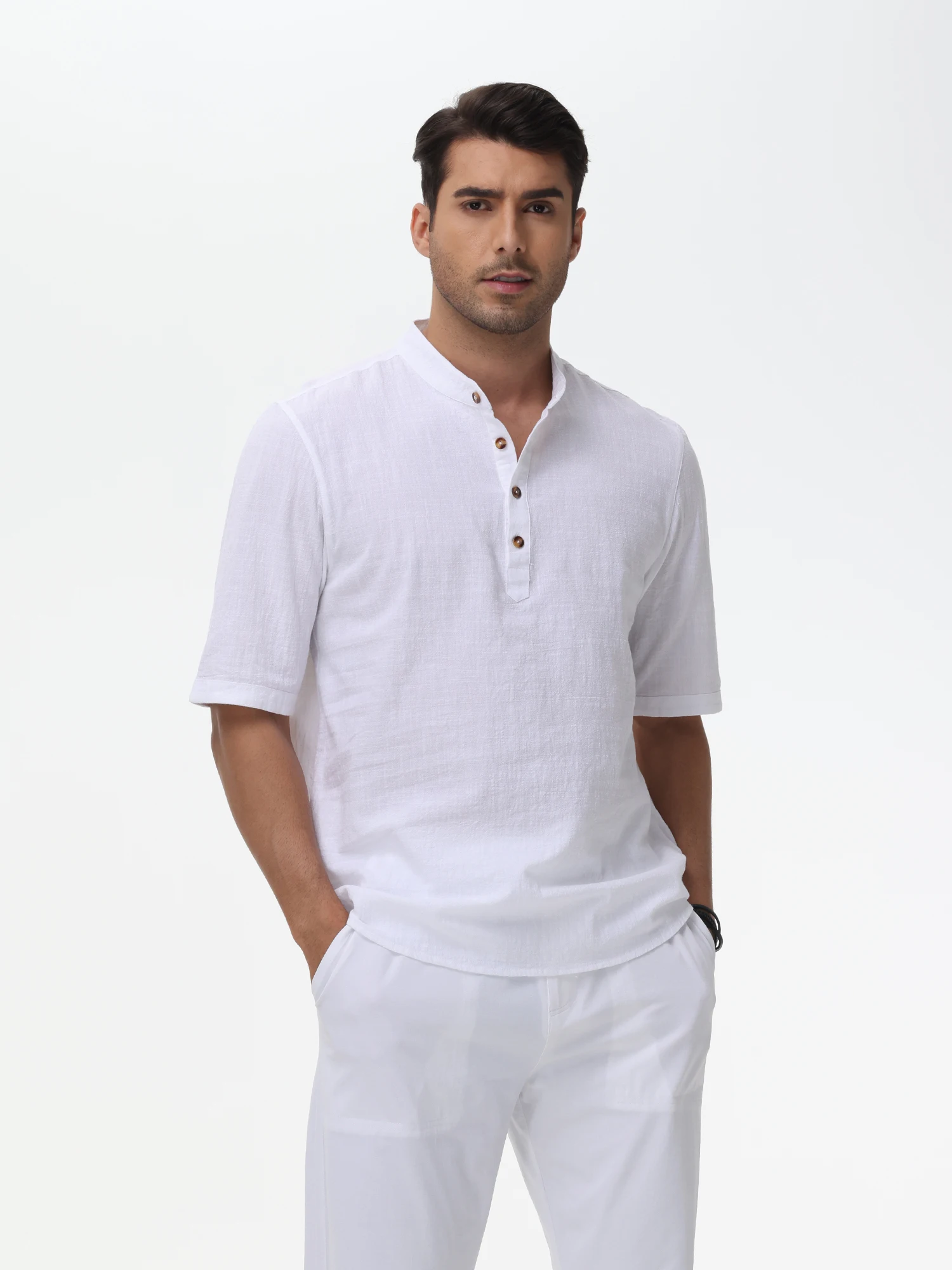 Summer Men's Casual 100% Cotton Henley Shirts, Solid Color Short Sleeve Hawaii Beach Shirts Daily Button Down Breathable Tee