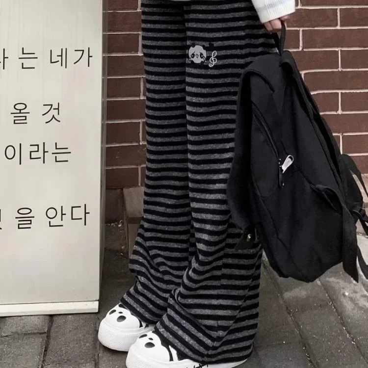 

Japanese Anime Panda Embroidered Striped Pants Female Autumn Winter New Thicked Warm Trousers Y2k Loose Wide Leg Pants