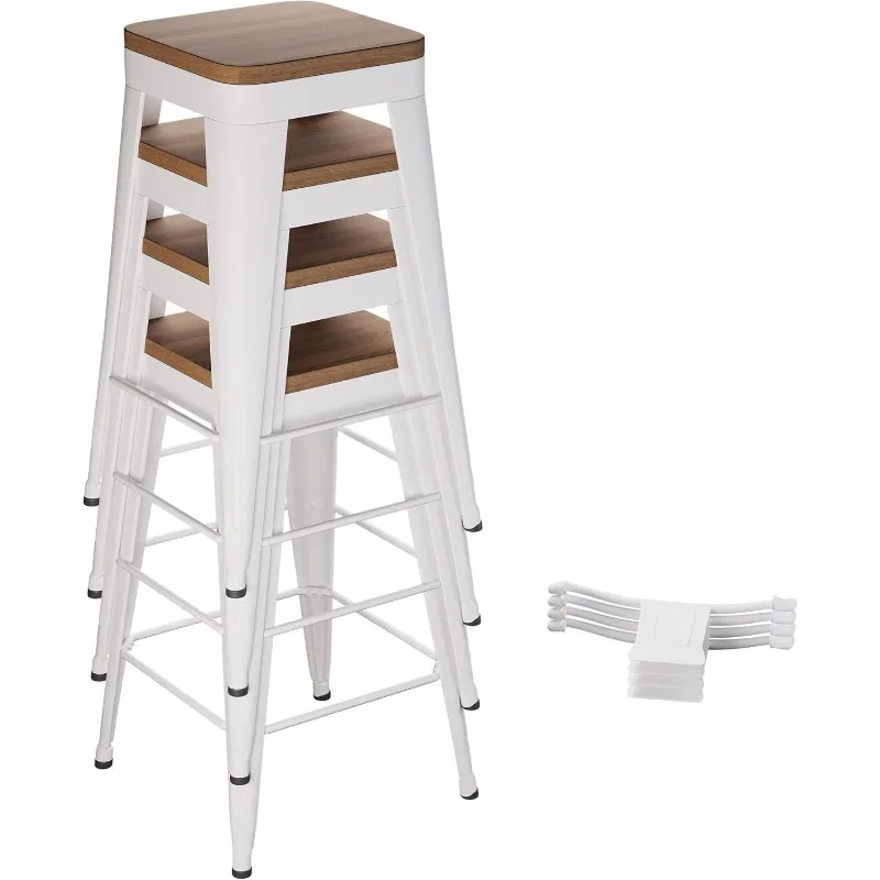 Bar Stools Set of 4 Metal Bar Stool Counter Height Bar Stools White, Modern Chairs with Back and Wooden Seat 30"