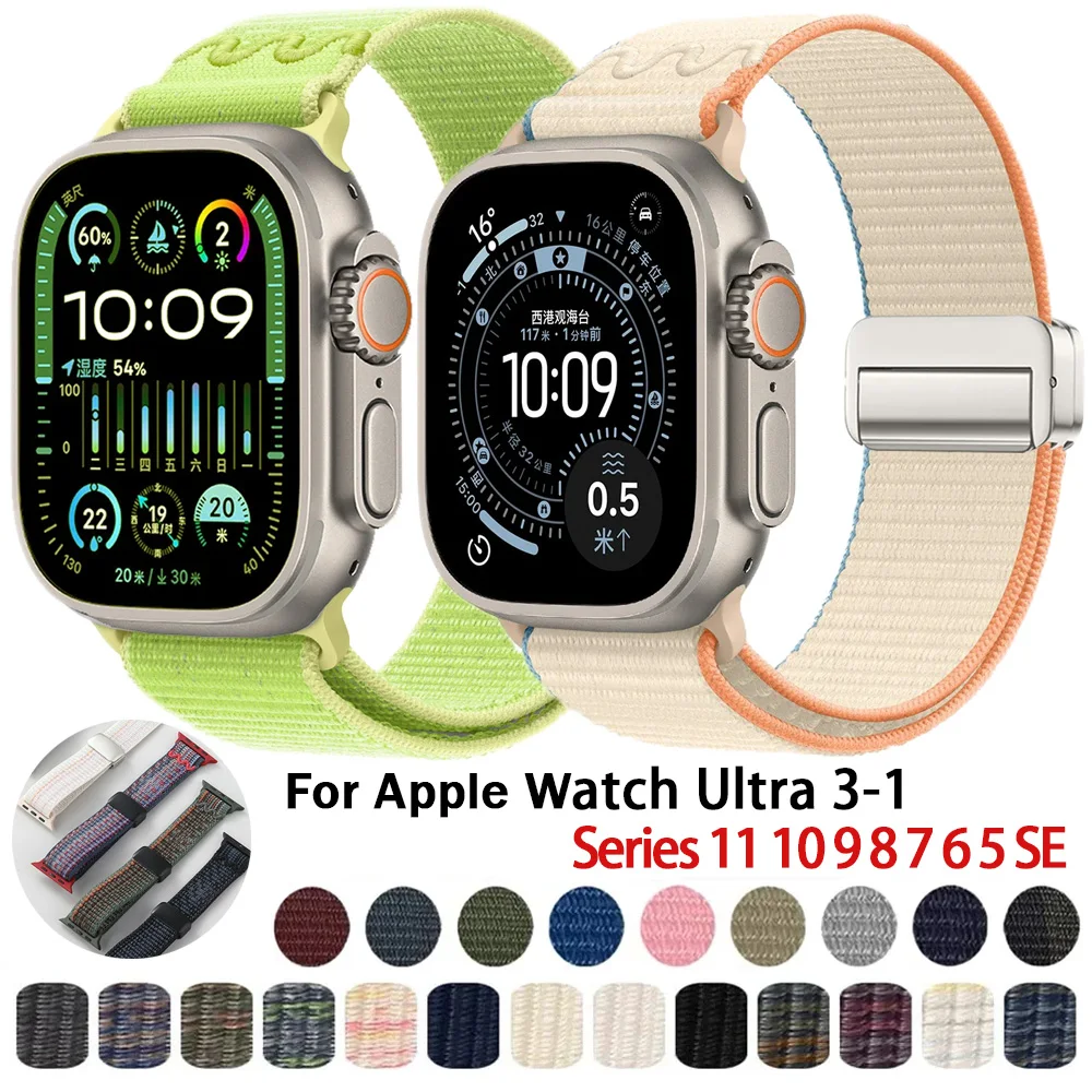 Embroidery Nylon Strap For Apple Watch Ultra 3-1 49mm IWatch 11 10 9 8 7 6 5 SE 46mm 42mm 45mm 41/40mm Magnetic Replacement Band