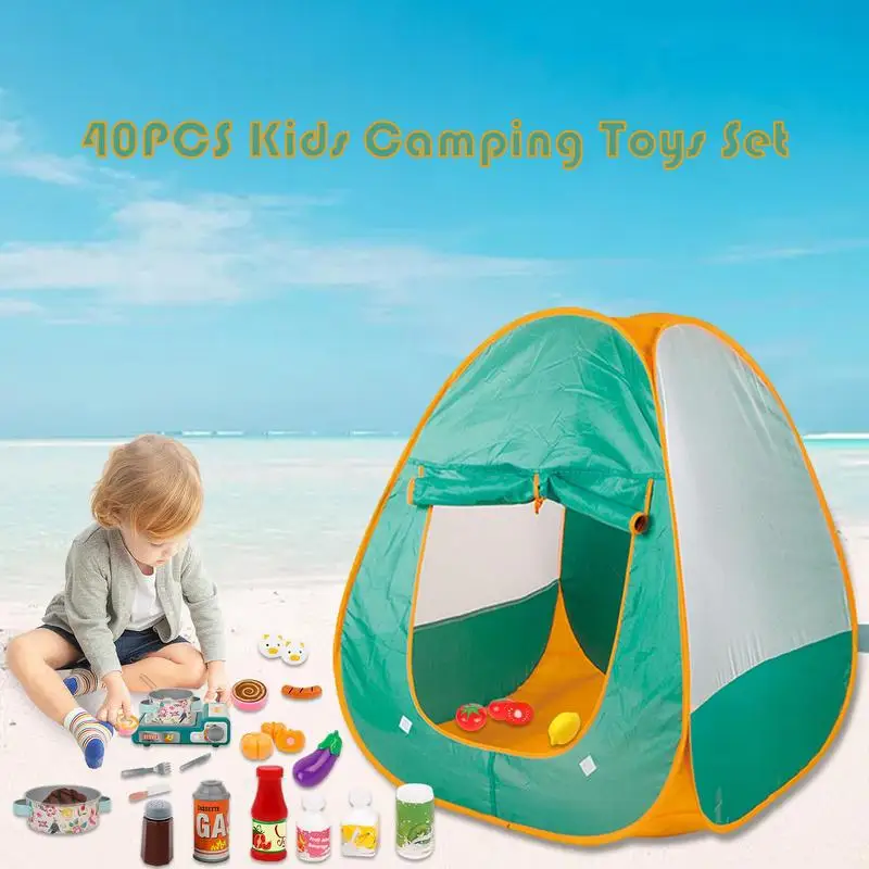 

Kids Camping Set 40pcs Toddler Pretend Cutting Fruits Toys Toy Camping Set With Play Tent Barbecue Ovens Oil Lantern Toy BBQ