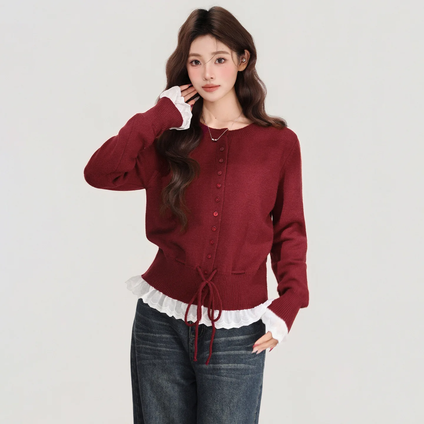 

Design Sense Fake Two Lace Edge Tied Red Pullover Sweaters for Women's 2025 Autumn and Winter New Knitted Cardigan Jacket