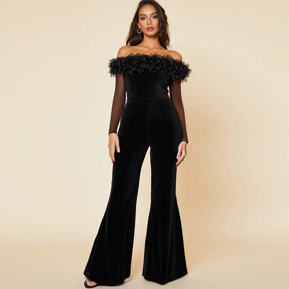 

Mia Muse Boutique Women's Jumpsuits Autumn Winter 2025 Lace-Enhanced Plain Short Sleeve Off Shoulder Maxi Sexy Jumpsuits