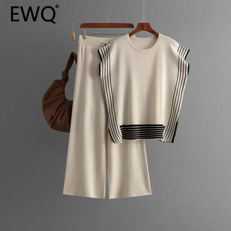 EWQ Fashion Knitted 2 Piece Set For Women Round Collar Sleeveless Striped Top Lace-up High Waist Pant Casual 2024 New 27X668