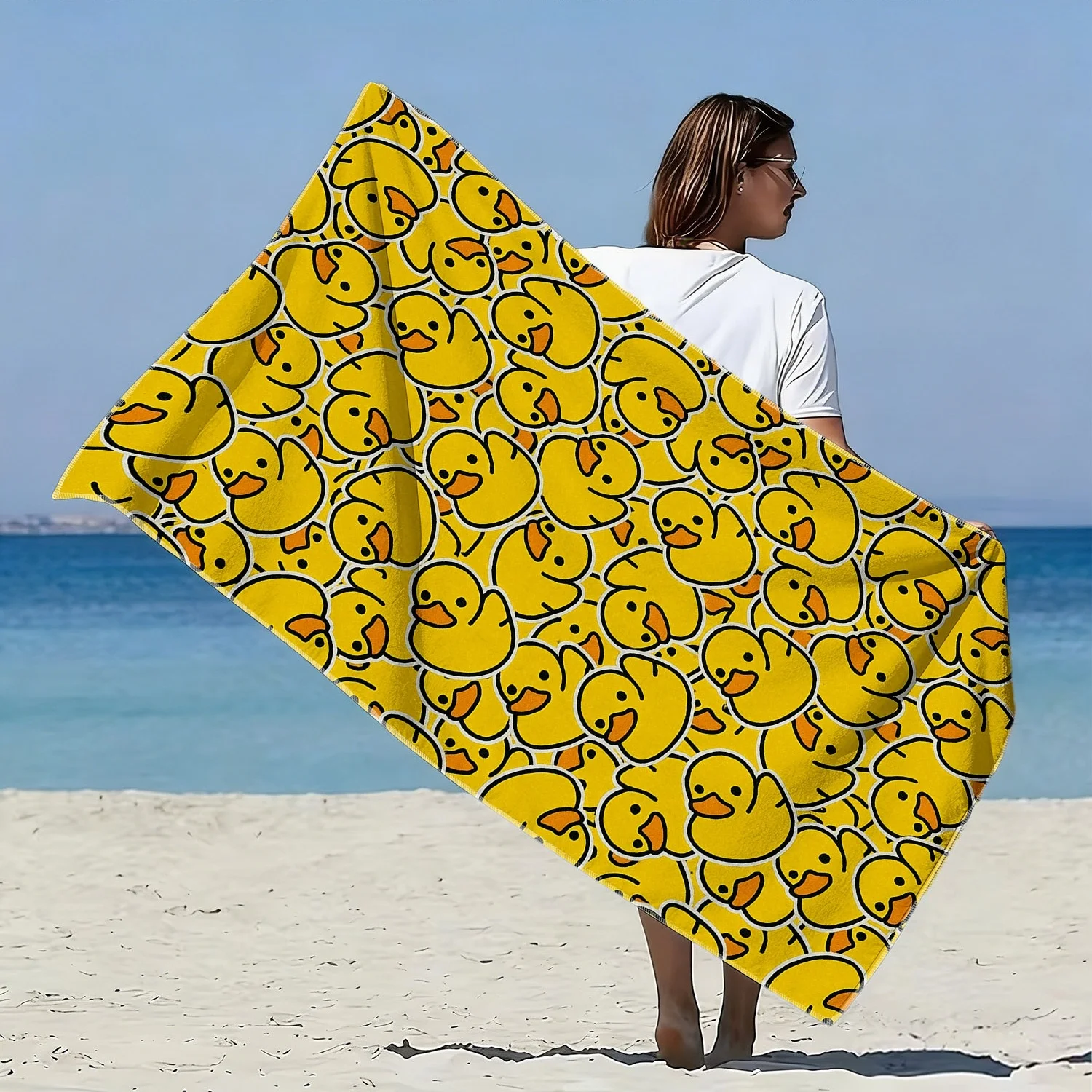 Customize 1pc Little Yellow Duck Cartoon Style Soft Towel, Suitable for the Beach, Full Little Yellow Duck Print Pattern, Microf