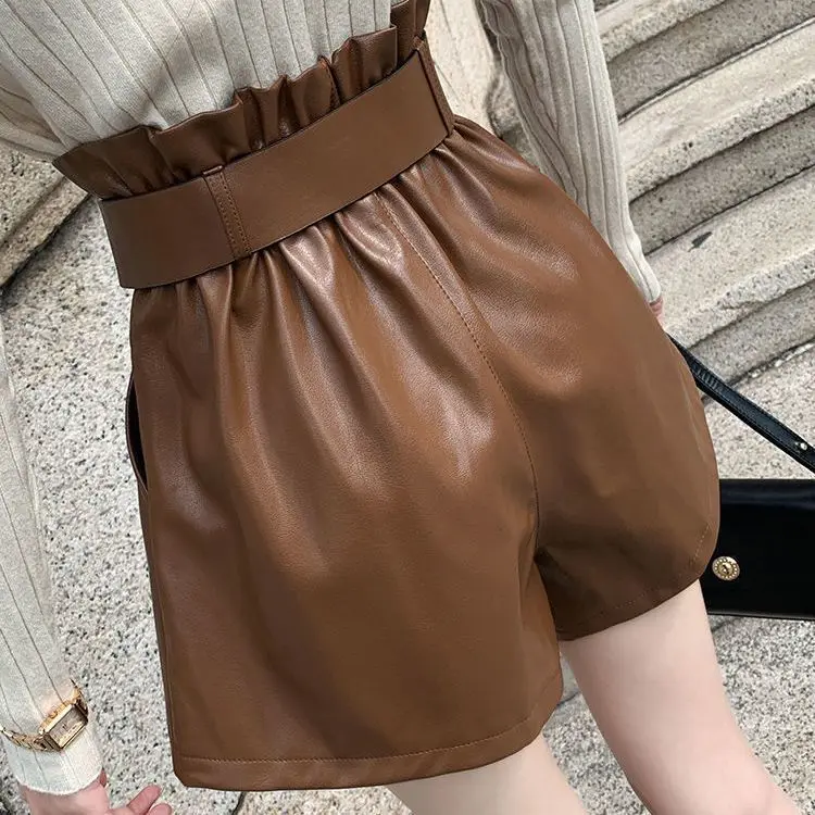 Pantaloncini da donna dimagranti a vita alta Nuovo stile Autunno Inverno A-line Versatile Boot-pant Abbigliamento esterno in pelle ibrida Pu LX519