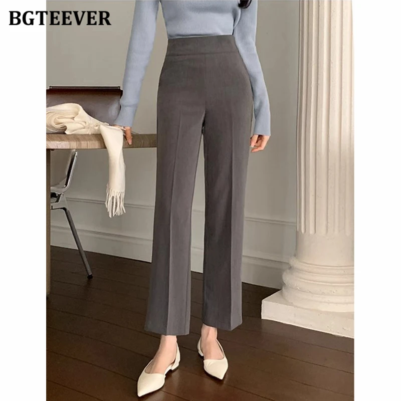 BGTEEVER Summer Elegant Ladies Trousers Grey Stylish High Waist Pockets Women Suit Pants