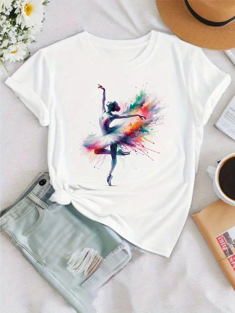 Akwarela baleriny koszula z nadrukiem torba balernica strój tancerza T-shirt damskie letnie ubrania topy dziewczęca koszulka z krótkim rękawem koszule damskie — zdjęcie 2
