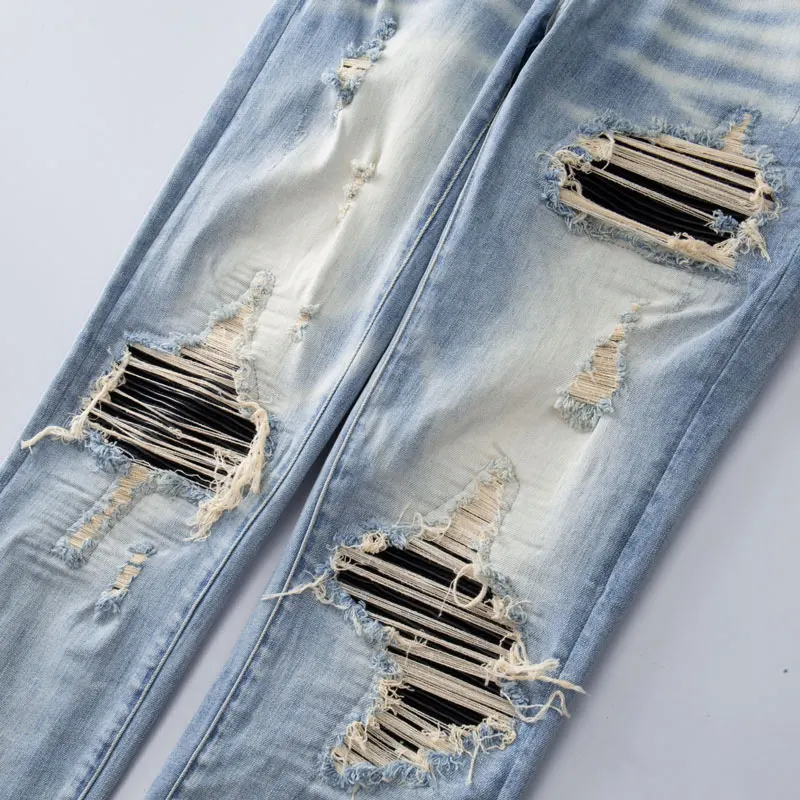 مصمم شارع العليا موضة جديدة جينز أزرق فاتح مثقب رقعة جلدية سوداء غسلها الحنين مطاطا الهيب هوب العلامة التجارية السراويل Y2 #5