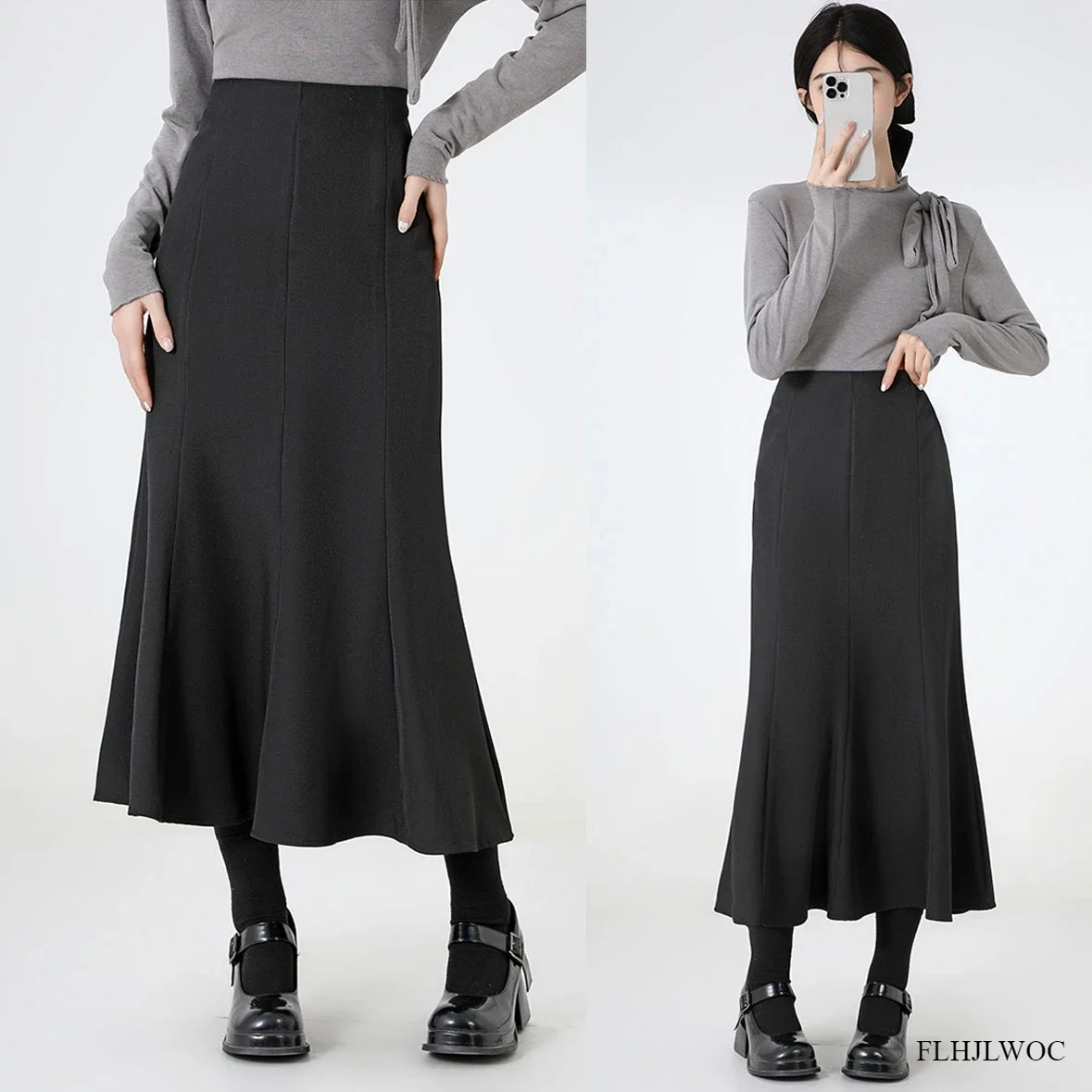 

Preppy Style Girls Fish Tail Skirt Women Autumn Simple Fashion Solid Black Split High Waist Tunic Long Pencil Skirts