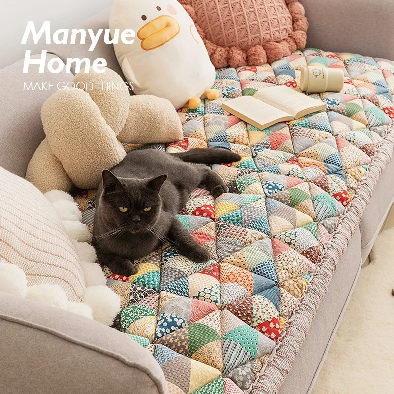 Retro Pastoral Style Sofa Cushion New Pure Cotton Non-slip Sofa Cushion Colored Anti Slip Thickening Anti Cat Scratch Sofa Cover