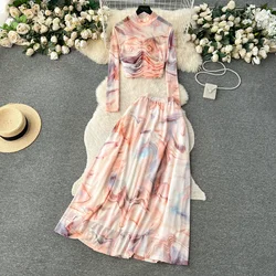 Women Chic sweet Two Pieces Sets mesh top Long sleeve basics+High Waitst Wide Skirt tie dye Fashion Autunm Sets