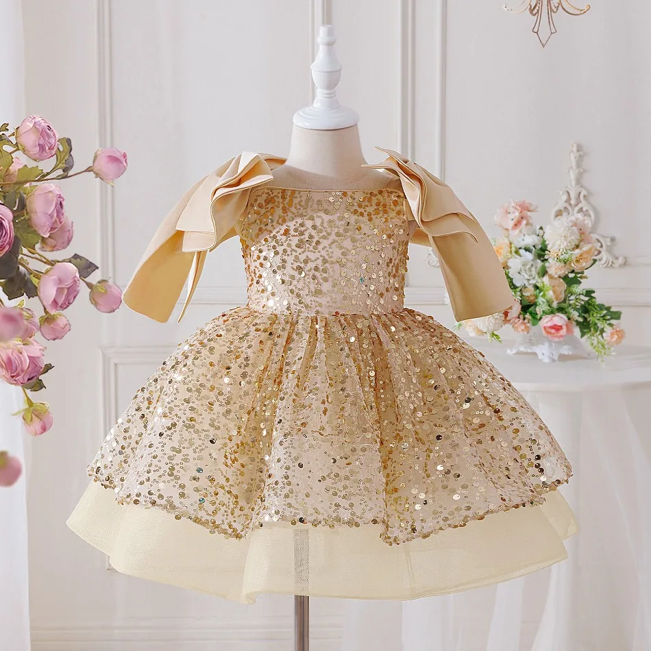 Neue Mädchen Pailletten Champagner Geburtstag Party Kleid Kleid mit Großen Bogen Hülse Kinder Shouldersbig Bowsequin Mesh Rock ASQ03