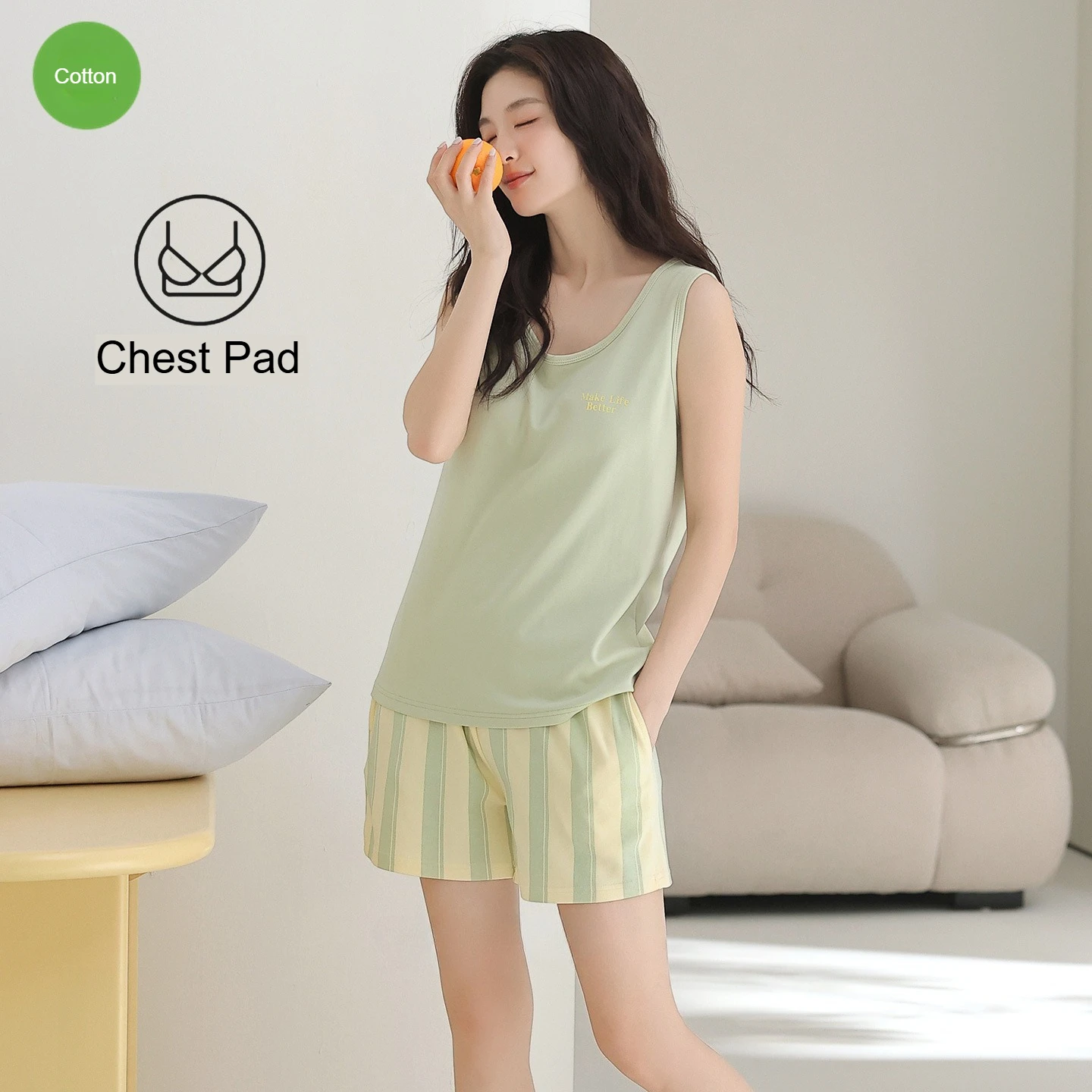 Women's Japanese Inspired Pure Cotton Pajama Set for Summer Versatile Vest Shorts Chest Pads Comfortable Loungewear XXL Size