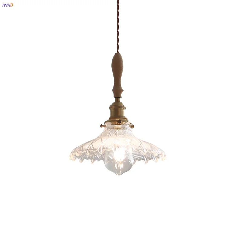 

IWHD Wood Handle LED Pendant Lamp Bar Living Dining Room Clear Glass Nordic Modern Simple Wire Adjustable Hanging Lights Fixture