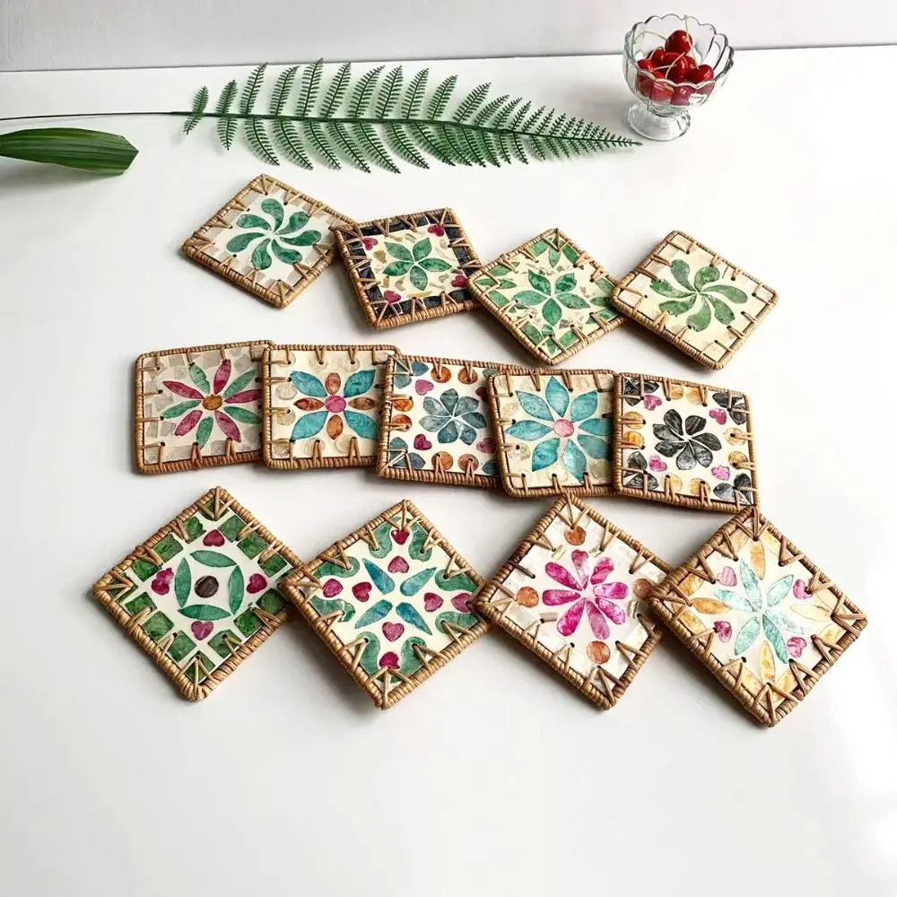 Colorful Square Rattan Shell Coaster Stitching pattern Anti Scalding Placemat Woven Handmade Insulation Pad Coffee Table