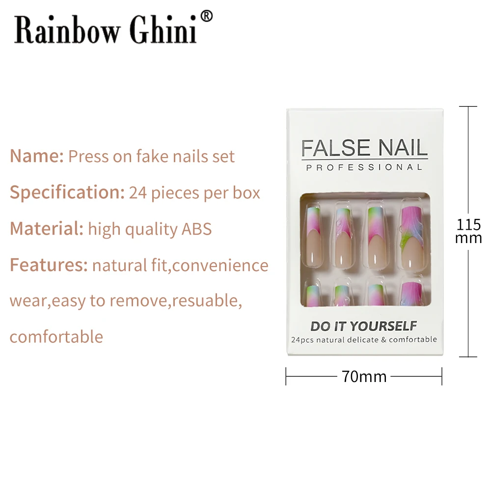 24 pièces/lot longs 3D colorés presse sur ongles alternatifs dégradé Kawaii Y2K ongles de plage adhésif réutilisable faux ongles faits à la main conseils