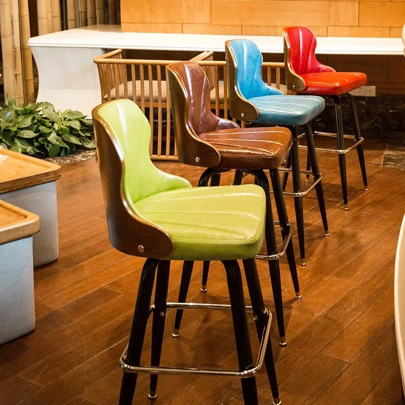 

Nordic Barstool with Iron Frame and Solid Wood Backrest, Retro High Chair for Home Bar, Rotating Counter Stool for Coffee Shops