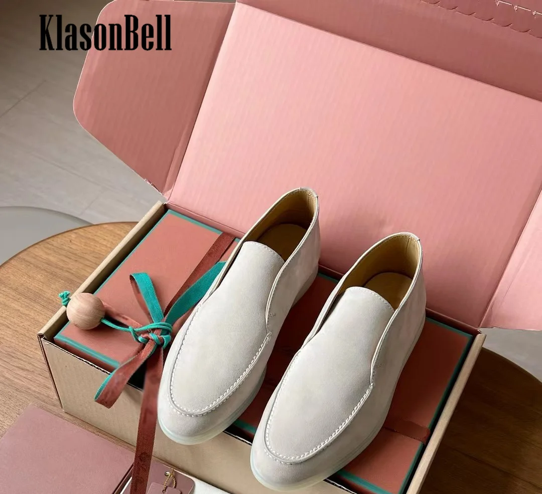 9.20 KlasonBell-Women Cow Suede Sneakers Sewing Round Toe Loafers Flat Sole Shoes Casual Genuine Leather Shoes