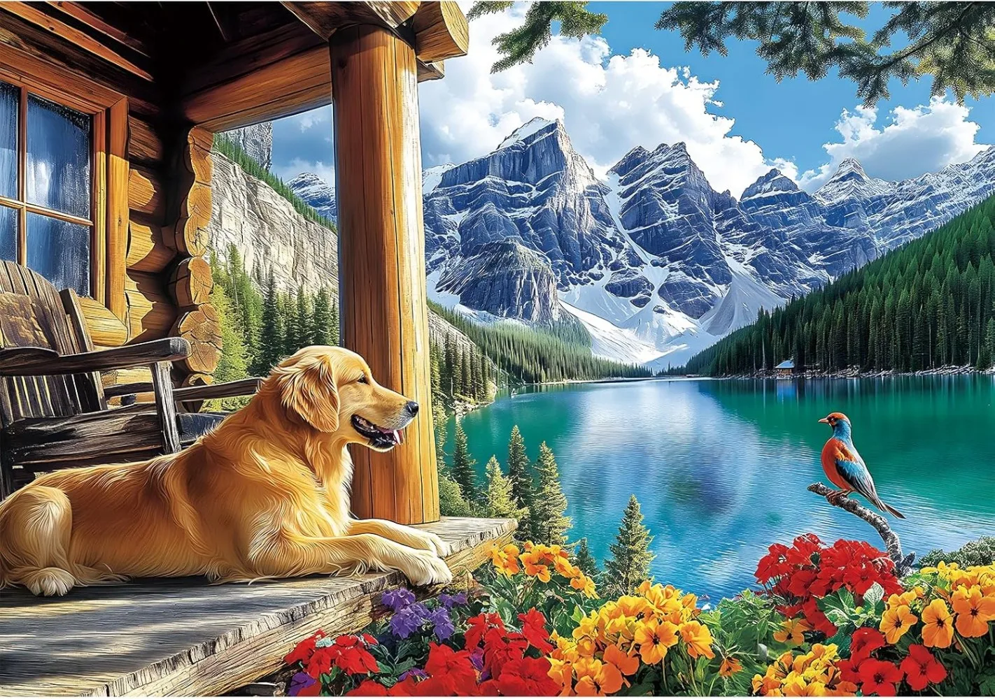 Adult Jigsaw Puzzle Mountain Cabin Golden Retriever 1000/500/300/120 Pieces Lakeside Landscape Puzzle Gift Entertainment Toy
