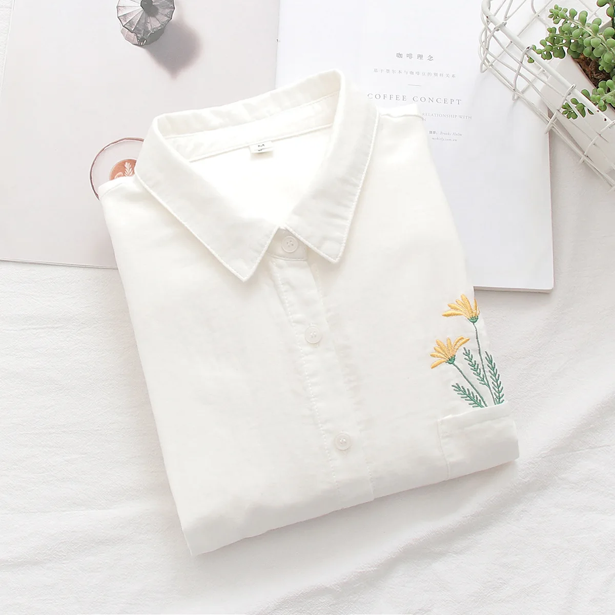 100% Cotton Yarn Elegant Blouses for Women 2025 Spring Japan Style Fresh Small Daisy Embroider White Shirts and Blouses