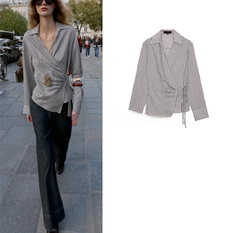 Autumn Winter New Arrival Women's Commute Sle Long Sve Double Breasted Striped  Knot irt Top Polyester Fiber