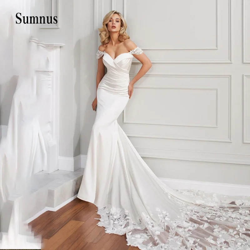 

Sumnus Off the Shoulder Mermaid Wedding Dress V-neck Lace Appliques Long Train Bride Dresses 2024 New Custom Made Bridal Gowns