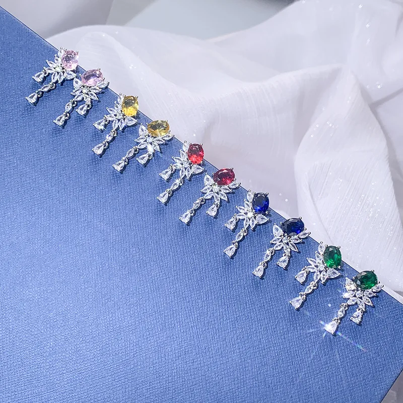 925 Silver Hot Sale Color Treasure Simulation Zircon Micro Earrings Women Fashion Vintage Earrings Wedding Party Jewelry Gift