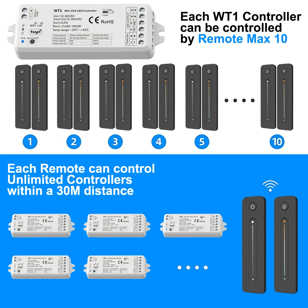 Tuya CCT LED Strip Dimmer Switch 12V DC Wireless 2.4G RF WW CW Controller Work with Smart Life Google Assistant 2 Channel WT1