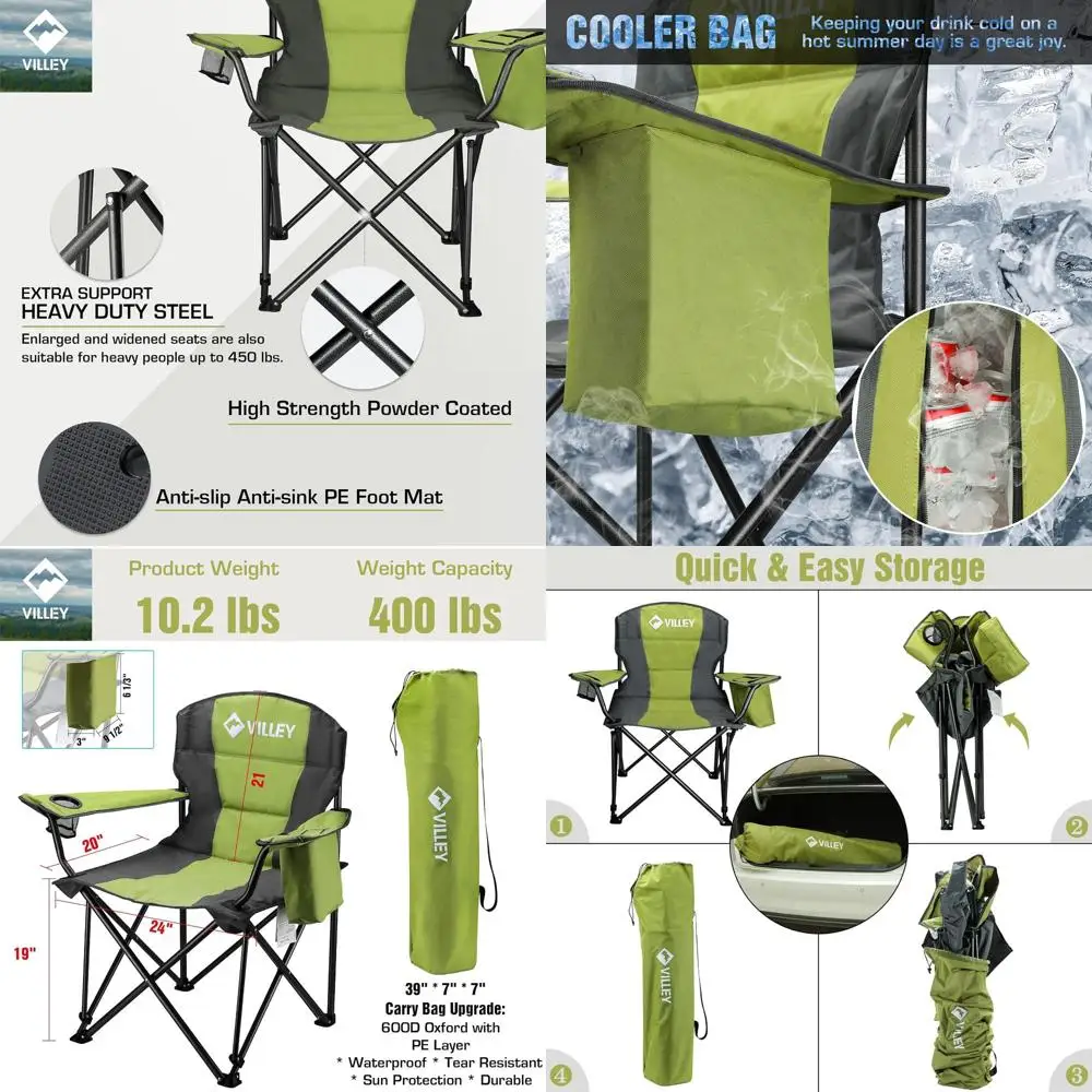 

Прочное портативное кресло для кемпинга увеличенного размера с мягким сиденьем, сумкой-холодильником, подстаканником, сумкой для переноски, зеленое