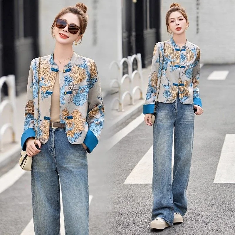 

Women High-end Stand Up Collar Short Jacket Spring Autumn 2026 New Retro Western-style Age Reducing New Chinese Style Button Top