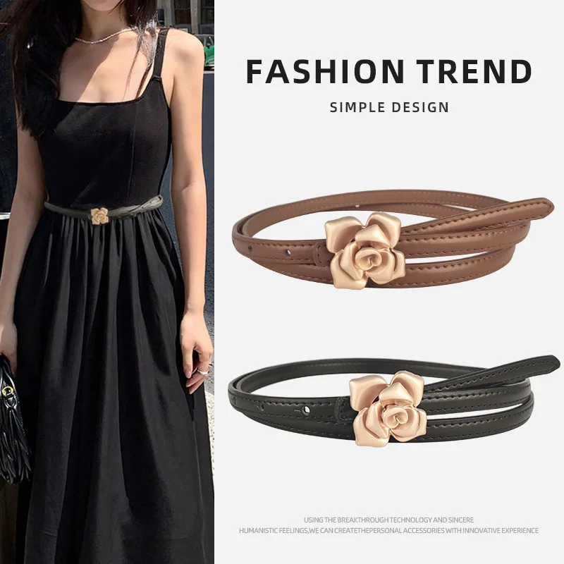 Romantic Women Slim Leather Waist Belt Rose Flower Metal Buckle Elegant Waistband for Dress Coat Office Daily Wear