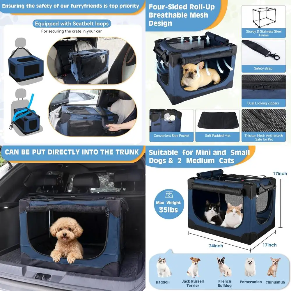 

Portable 24 Foldable Dog Crate for Small Breeds: 4-Door Travel Pet Carrier with Handle, Ideal for Indoor & Outdoor Use, Blue