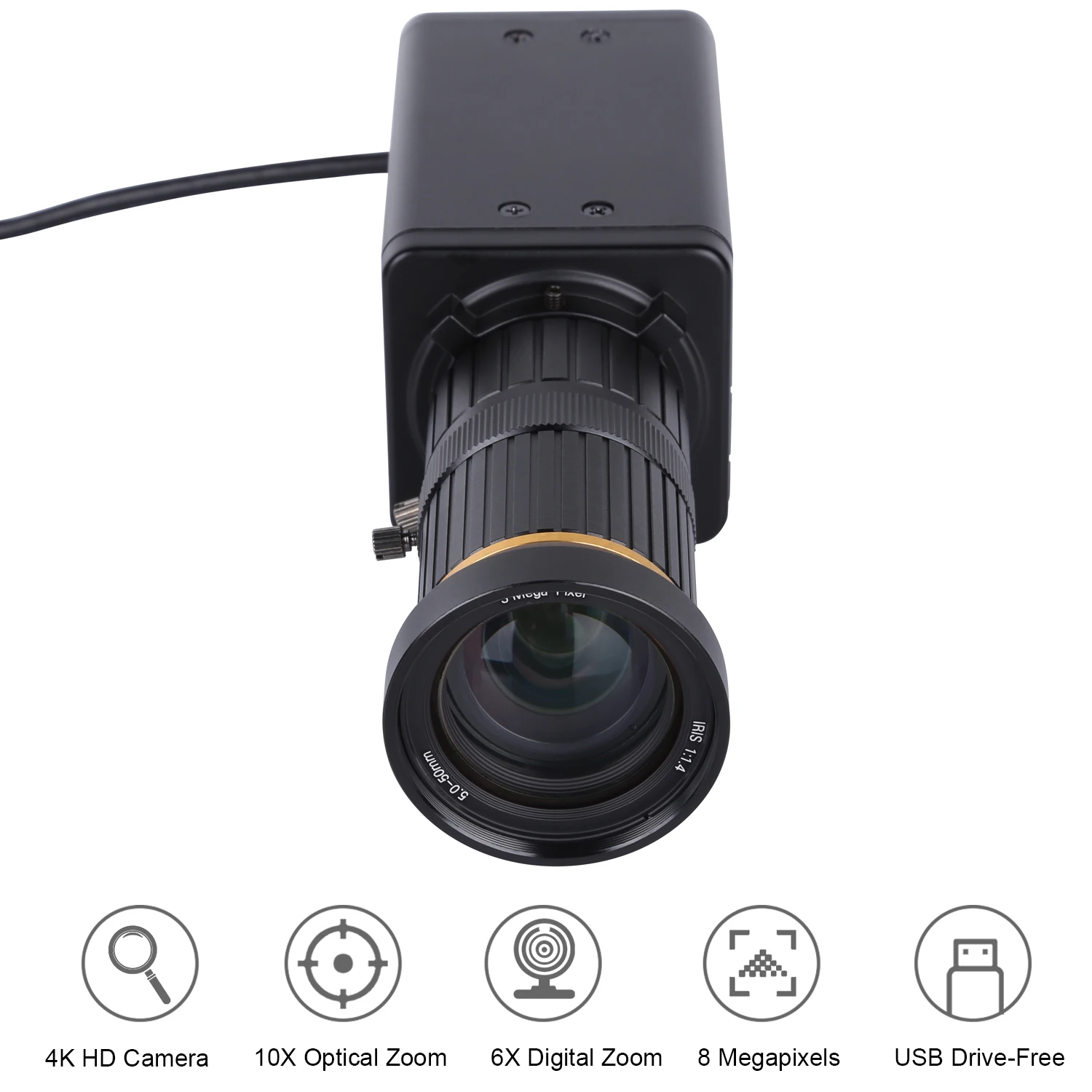 4K HD Camera Computer Camera Webcam 8 Megapixels 10X Optical Zoom 60 Degree Wide Angle Manual Focus Auto Exposure for Conference