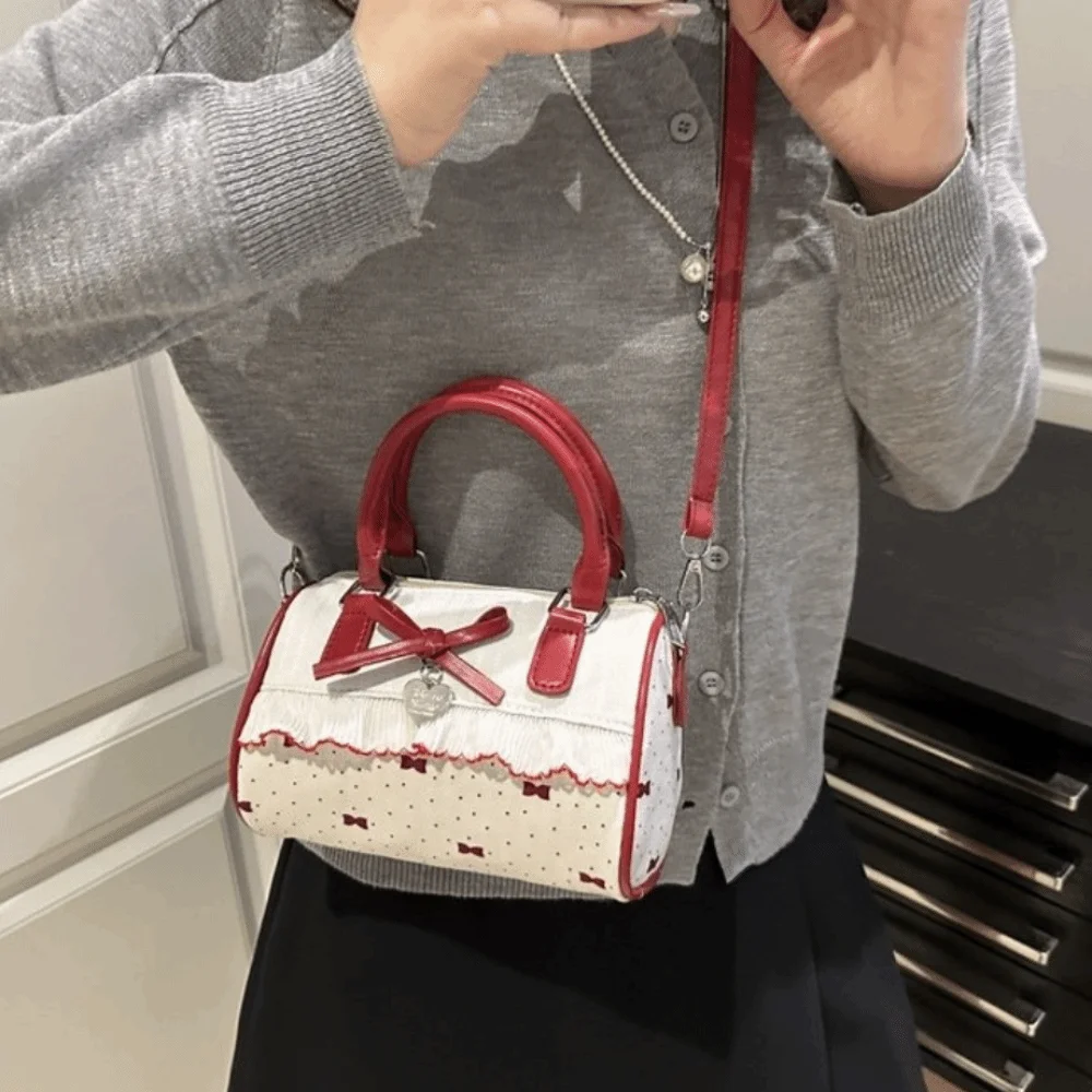 

Zipper Polka Dot Boston Handbag Waterproof Bow Crossbody Bowling Bag Korean Style Single Shoulder Small Square Bag School
